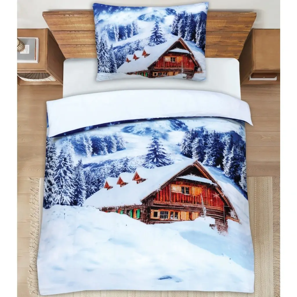 3D povlečení Polycotton Sněžná Chaloupka 200x140cm+90x70cm TiaHome