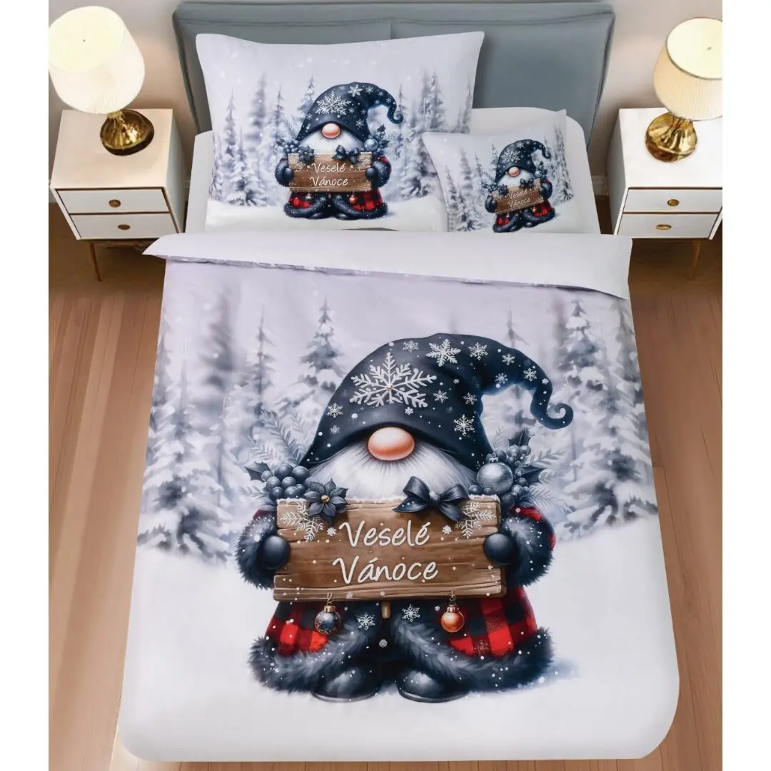 3 dílné povlečení Polycotton Vánoční Gnome černý 200x140cm+90x70cm TiaHome