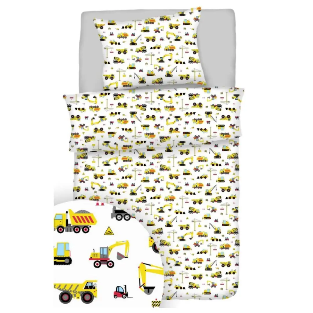 Povlečení bavlněné dětské Stavební stroje TiaHome - 1x Polštář 90x70cm, 1x Přikrývka 140x200cm