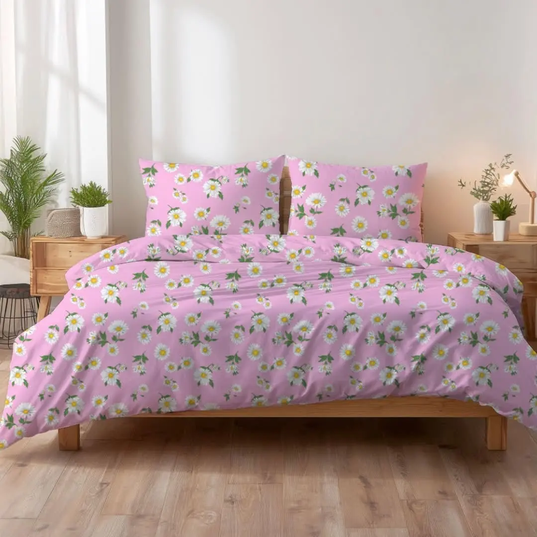 Povlečení krepové Margarétky rúžové TiaHome - 1x Polštář 90x70cm, 1x Přikrývka 140x200cm