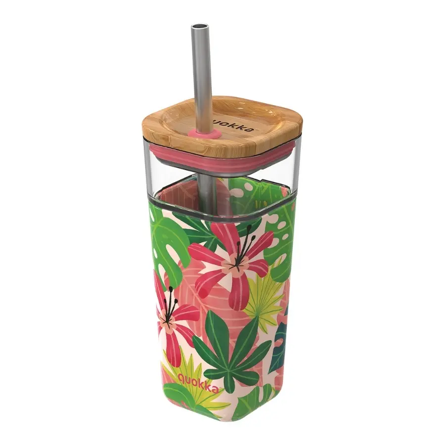 Quokka Skleněný pohár s brčkem Liquid Cube 540 ml Pink Jungle