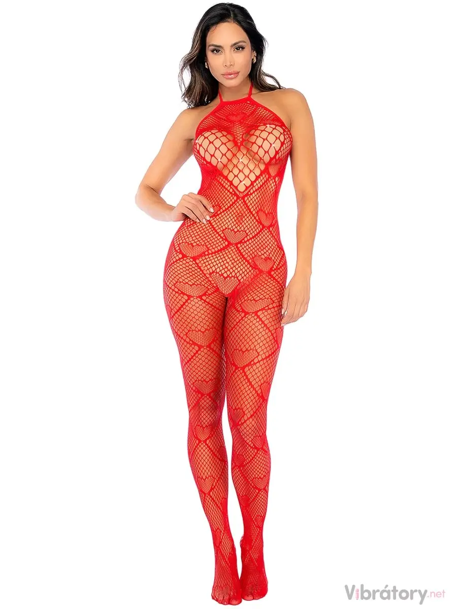 Síťovaný catsuit se srdíčky a lesklými kamínky Mapalé, one size