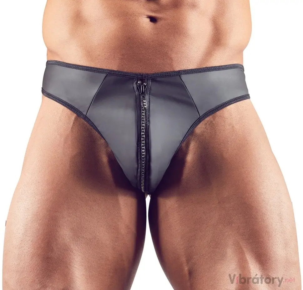 Svenjoyment - pánské lesklé tanga s kamínky a zipem - černé - 2XL