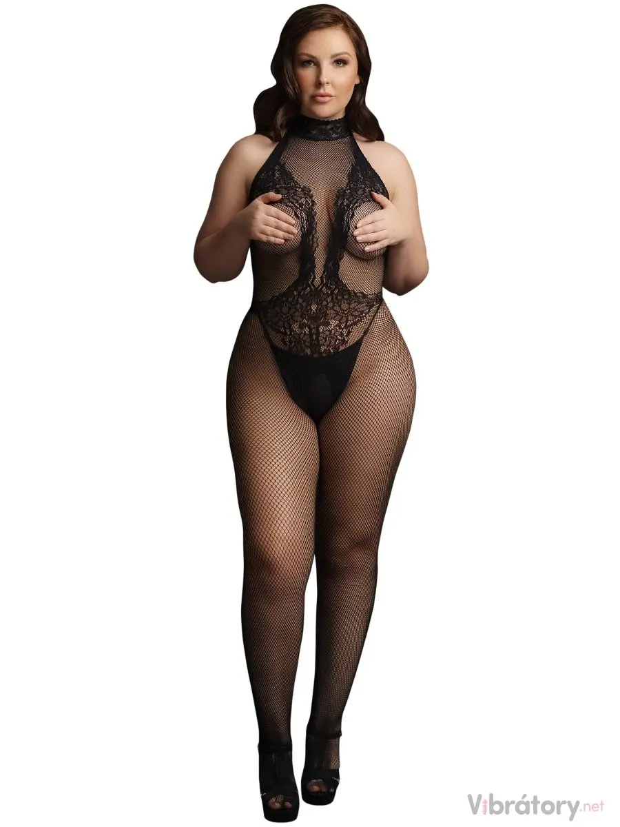 Síťovaný catsuit s krajkou a otvorem v rozkroku Le Désir, plus size