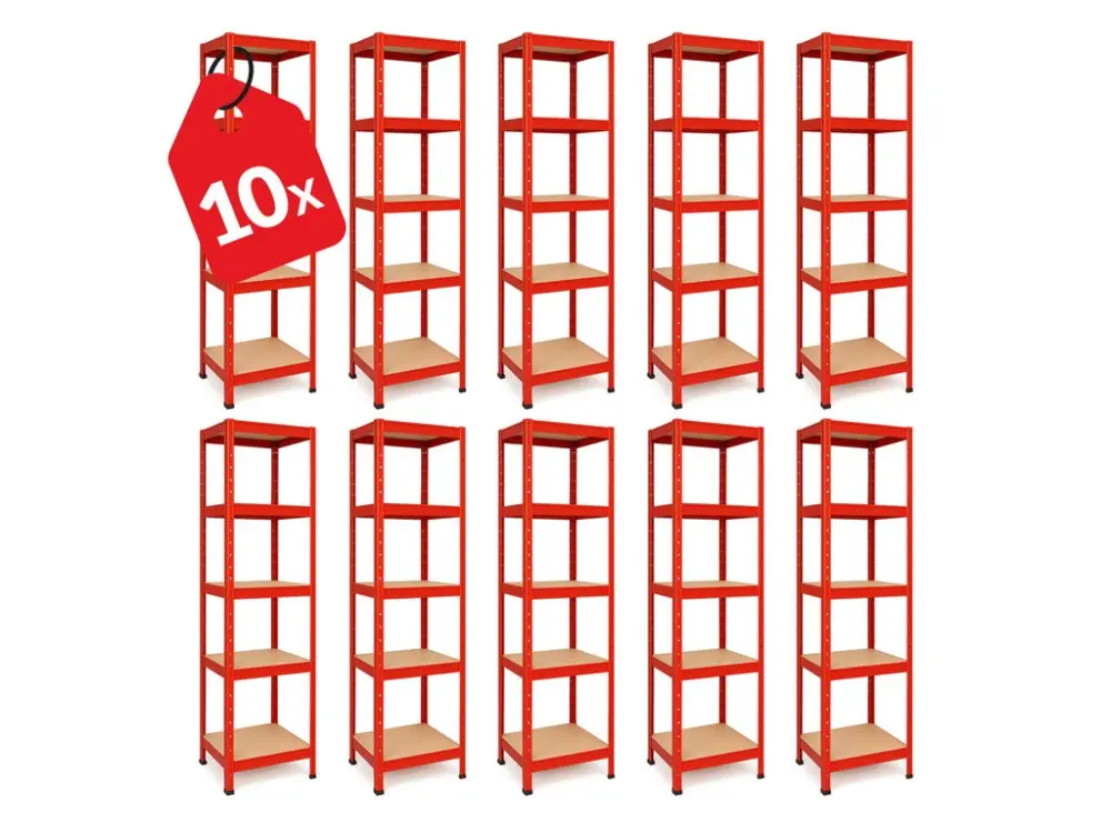 Regál 1800x400x400 mm lakovaný 5-policový, nosnost 875 kg - červený - 10ks