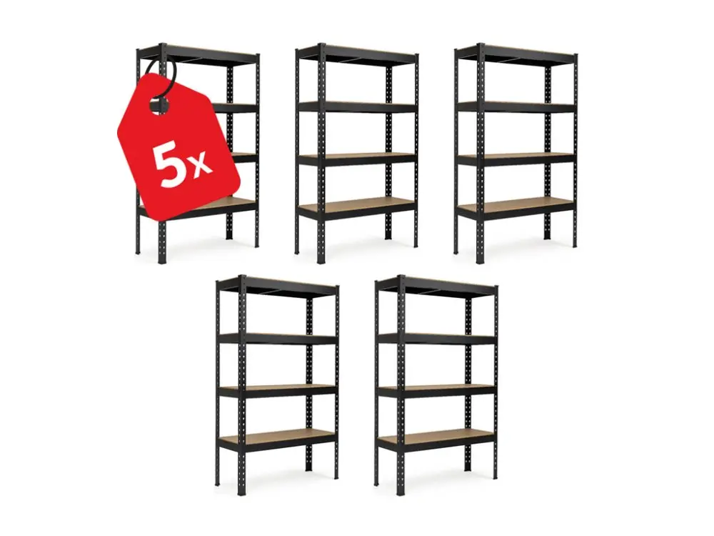 Regál 1680x1600x600 mm profesionální 4-policový, nosnost 1600 kg - černý - 5ks