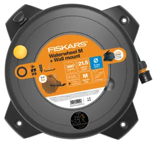 Fiskars Set buben s hadicí M 1/2", dosah 21,5 metrů s držákem na zeď