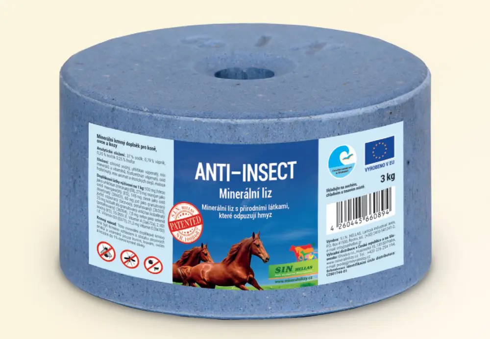 Anti Insect, minerální liz s přírodními látkami, které odpuzují hmyz (SIN Hellas Minerální liz proti obtěžujícímu hmyzu, balení 3 kg)