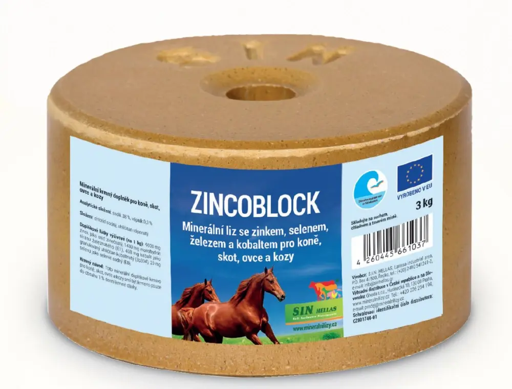 Zincoblock, minerální liz se zinkem, selenem, železem a kobaltem (SIN Hellas Zincoblock, minerální liz se zinkem, selenem, železem a kobaltem, balení)