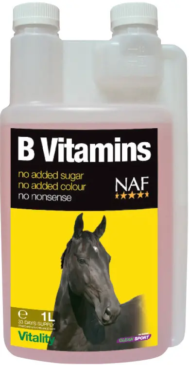 NAF B vitamins pro soustředěnost a vitalitu koní (NAF B vitamins, vitamíny skupiny B pro soustředěnost a vitalitu závodních koní, láhev s dávkovačem)