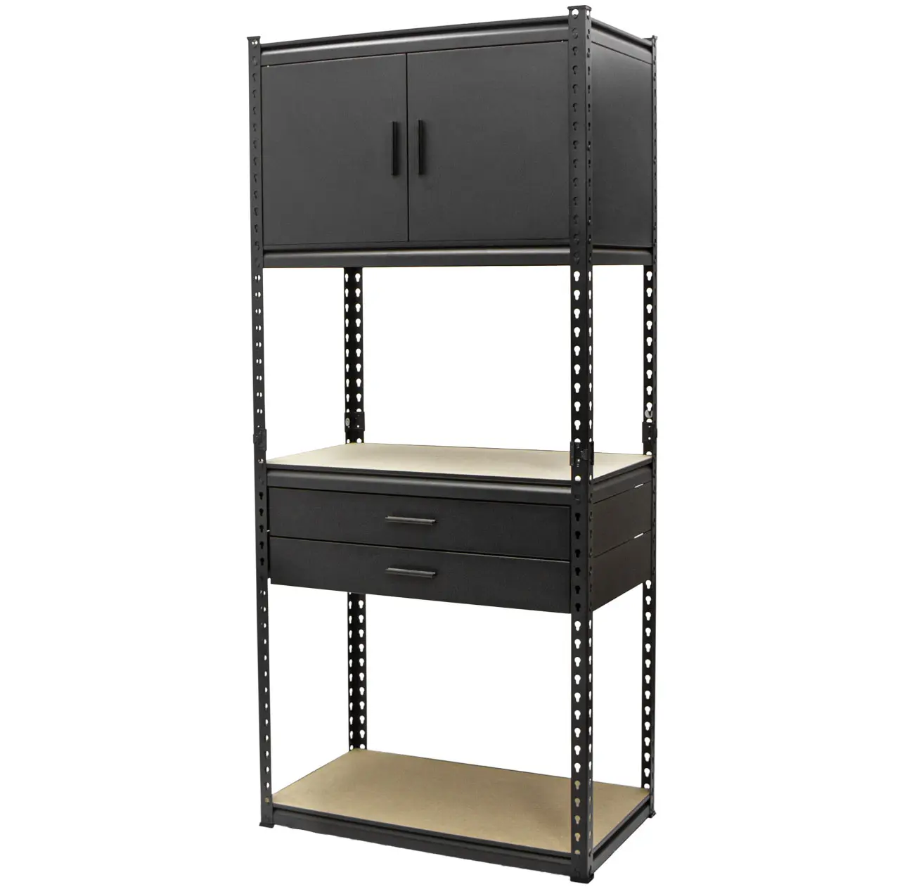 Policový regál MASTER + 2 zásuvky + skříňka, 815 x 465 x 1825 mm