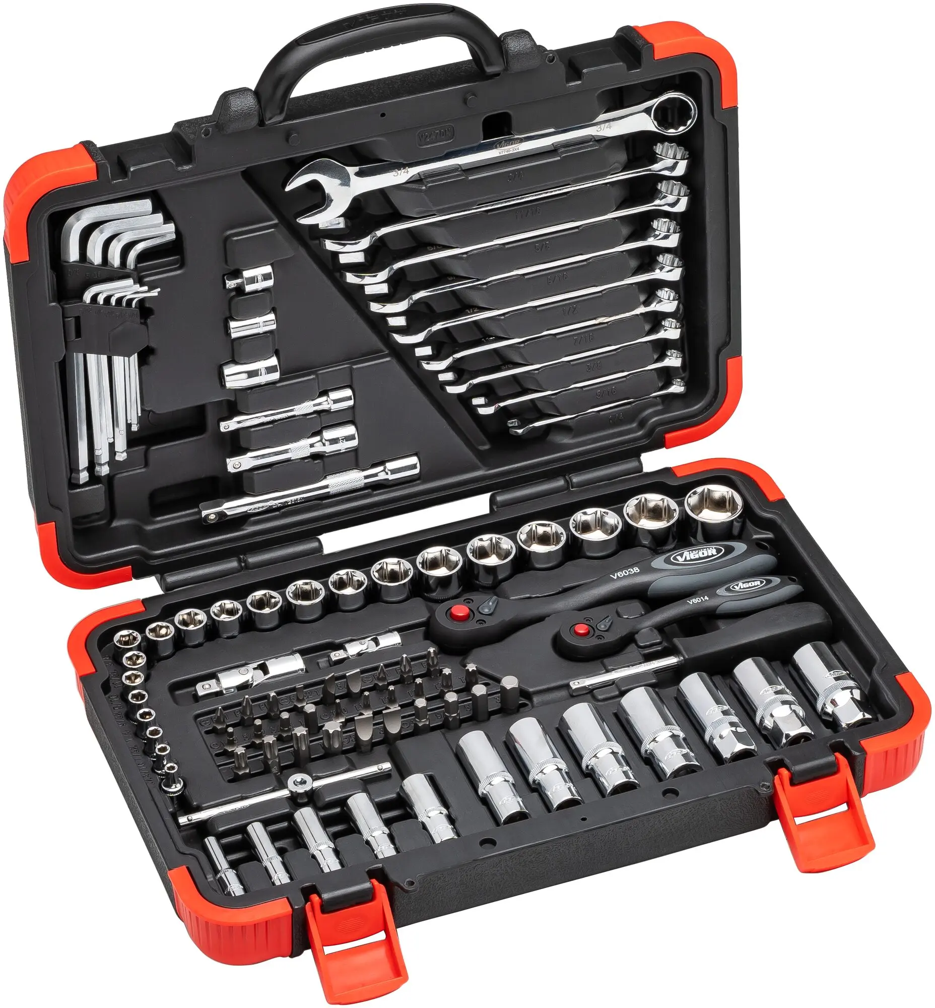 Gola sada palcová, 1/4" a 3/8", 92 ks nářadí, Vigor - V2470N