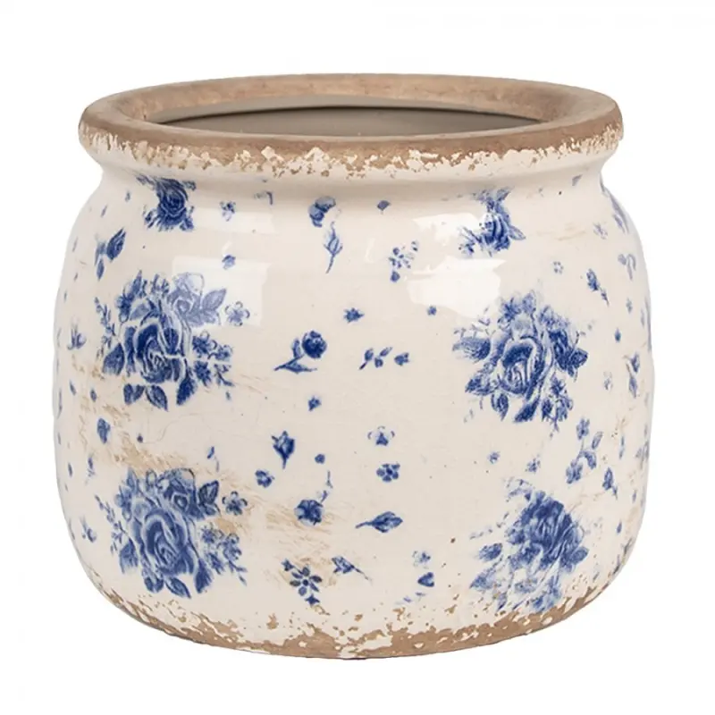 Keramický květináč béžovo modrý s motivem růže Blauw M – 16 x 13 cm