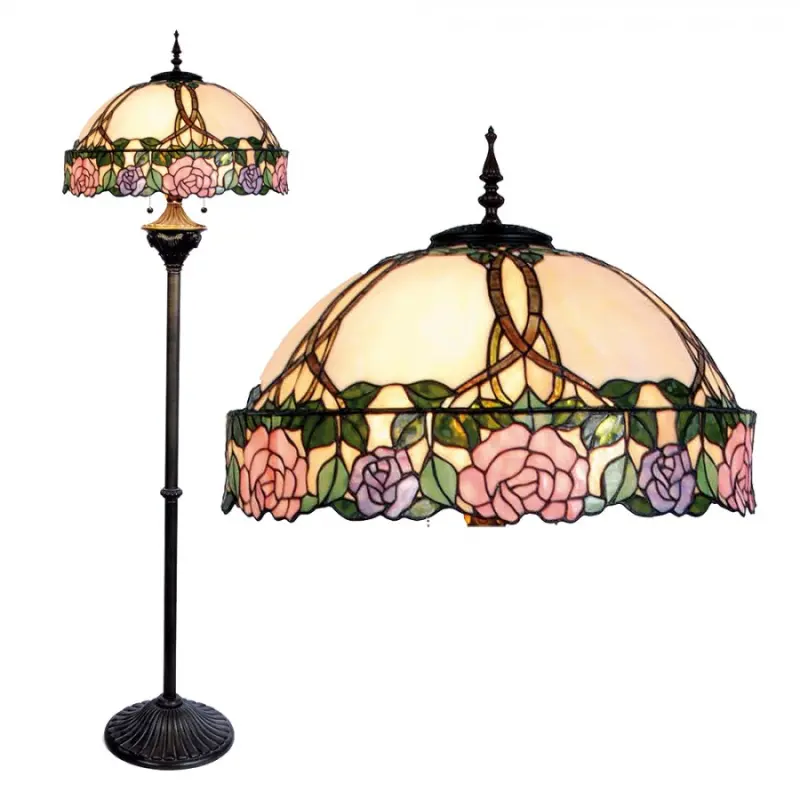 Stojací lampa Tiffany Prunellie růžovo zelená s motivem růží – 164 cm