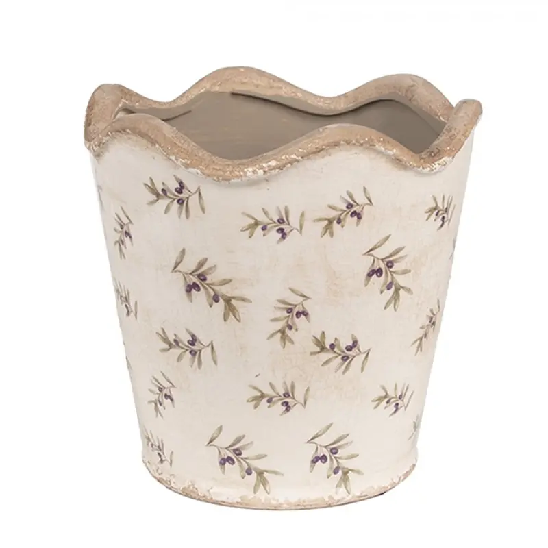 Béžový antik obal na květináč s olivami Olive Fields L - Ø 19*18 cm Clayre & Eef