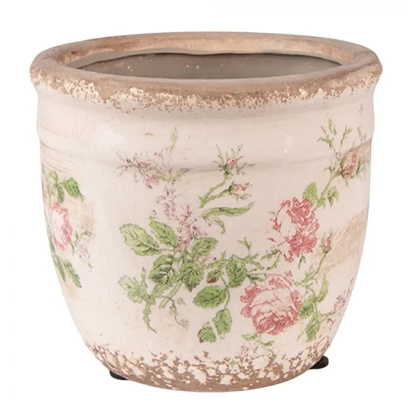 Béžový keramický obal na květináč s odřením a růžovými růžemi Roses V – 12x11 cm
