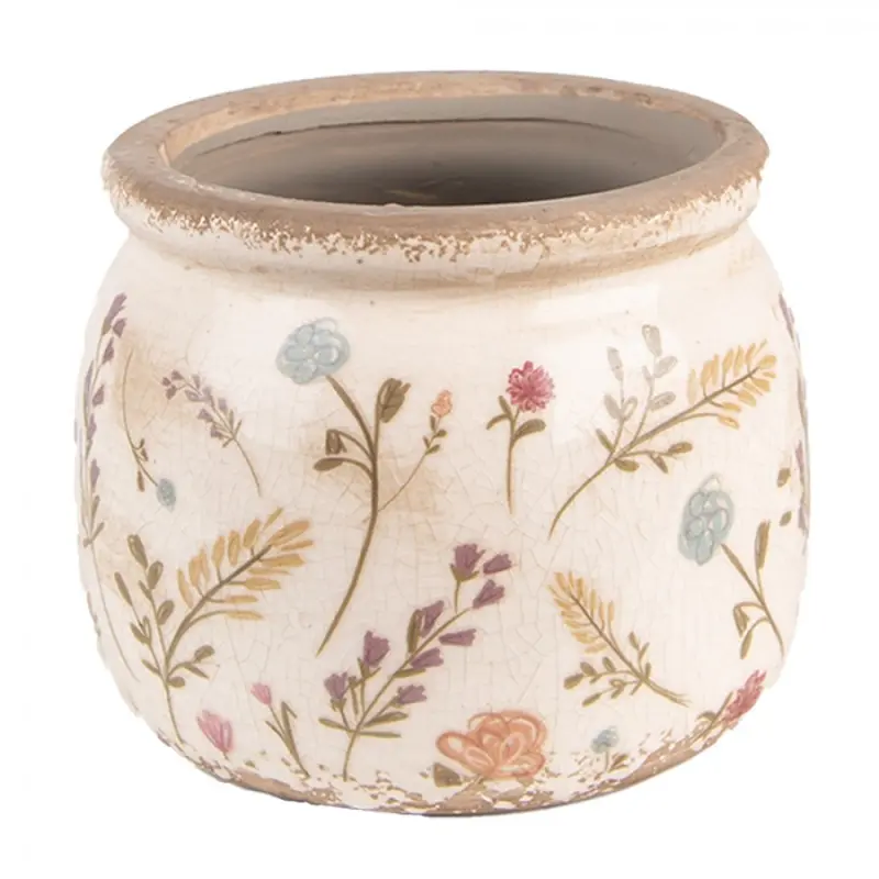 Béžový keramický obal na květináč s odřením a kresbou rostlin Floral Cartoon – 12x9 cm