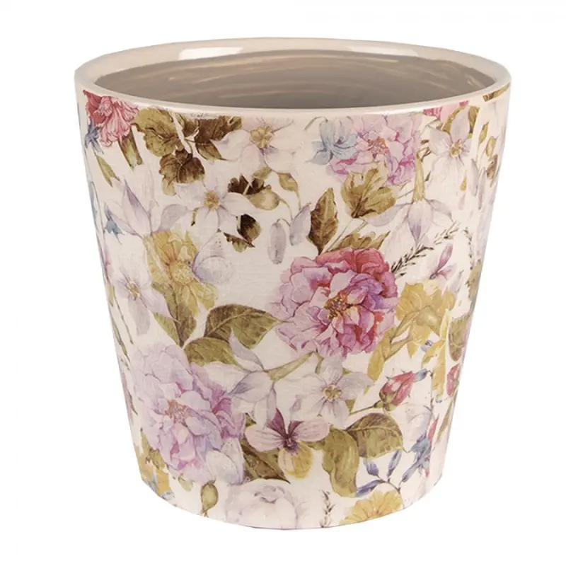 Béžový keramický obal na květináč s květinami různých druhů Lovely Flowers – 14x13 cm