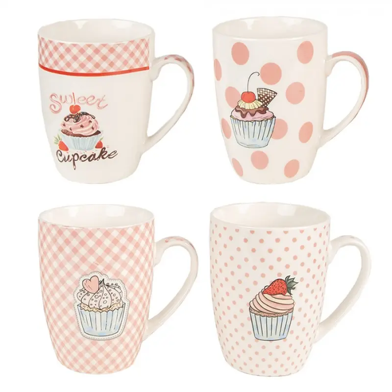 Set 4 bílo-růžových porcelánových hrnků s motivem dortíku Cupcake – 300 ml