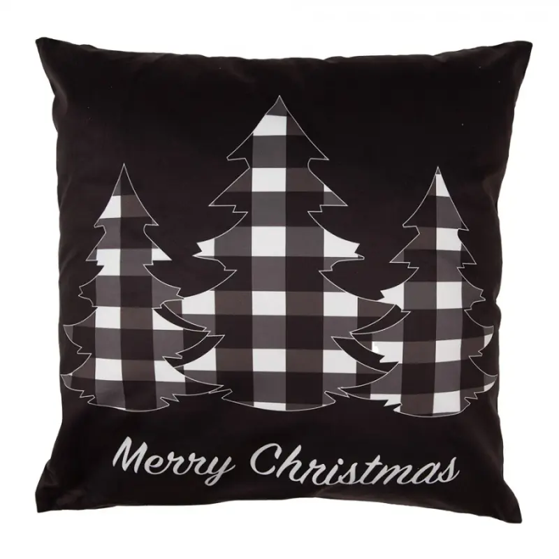 Černý vánoční povlak na polštář s kostkovaným motivem stromečků Black &amp; White X-Mas – 45x45 cm