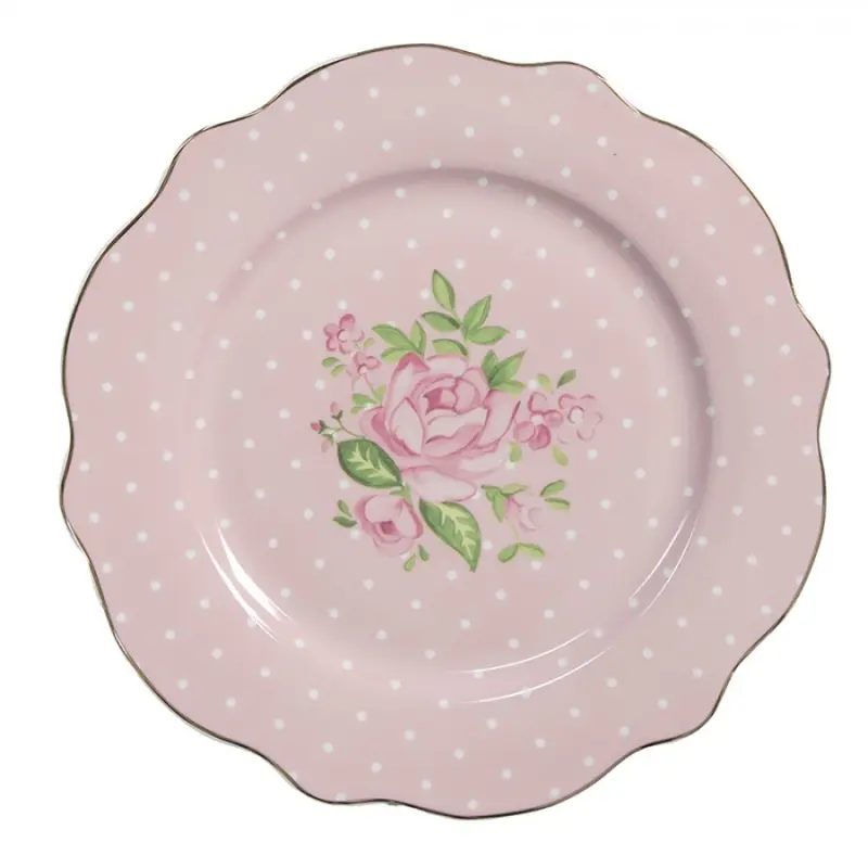 Růžový porcelánový snídaňový talíř s puntíky a se vzorem růžiček Sweet Roses – 20 cm