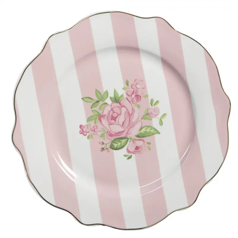 Porcelánový snídaňový talíř pruhovaný se vzorem růžiček Sweet Roses – 20 cm