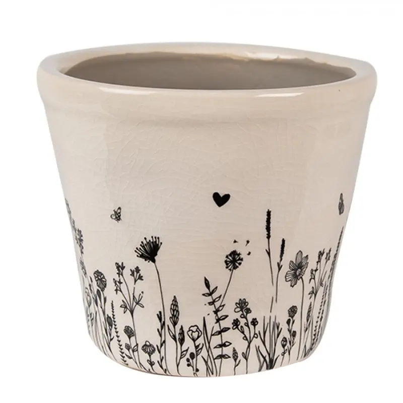 Béžový keramický obal na květináč s kresbou rostlinek Flora a Fauna – 12x11 cm