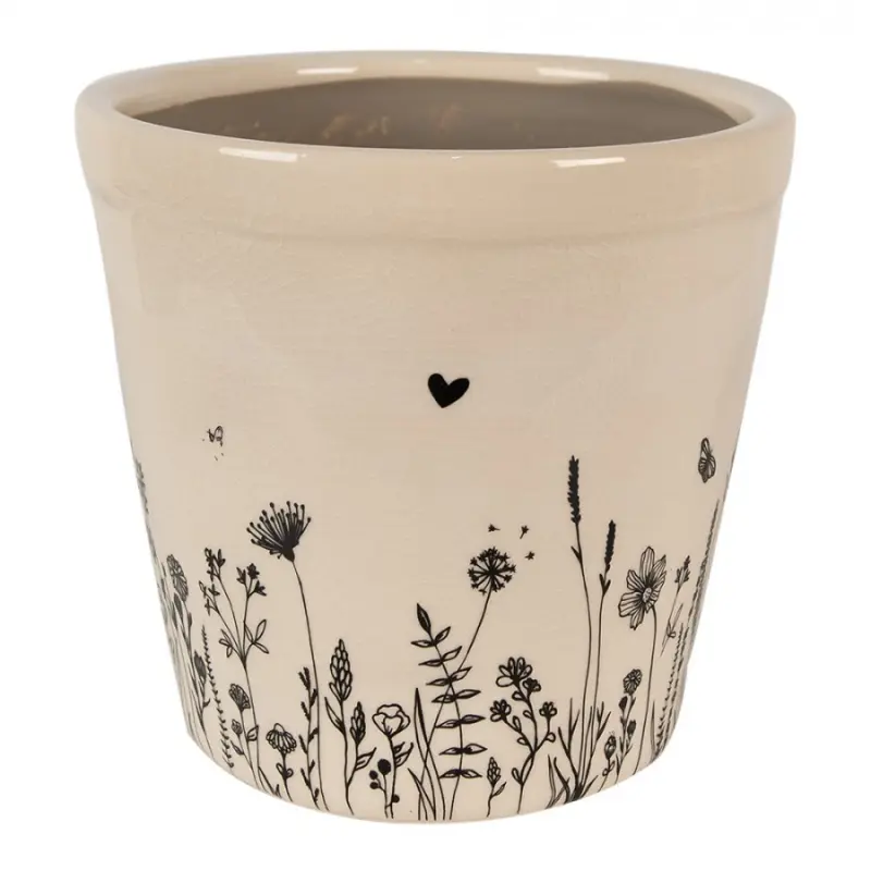 Béžový keramický obal na květináč s kresbou rostlinek Flora a Fauna – 21x20 cm