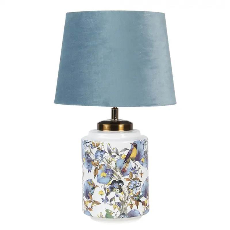 Bílá stolní lampa s malbou ptáčků a lístků na podstavci a modrým stínidlem – 25x41 cm