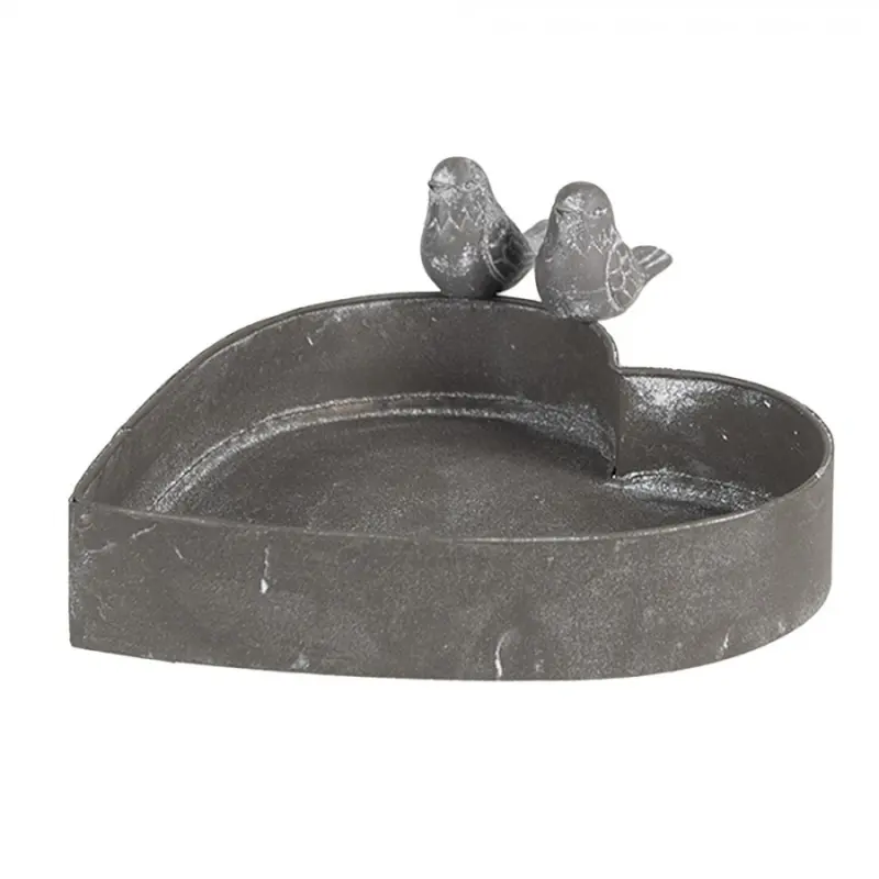 Šedý plechový květináč ve tvaru srdce s ptáčky - 19*17*7cm Clayre & Eef