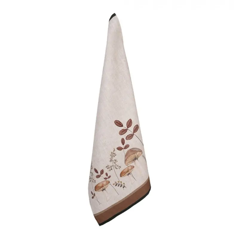 Hnědá bavlněná utěrka s podzimním motivem přírody a houbiček Little Fall Jewels II – 50x70 cm