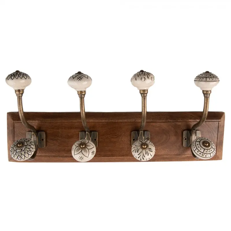 Dřevěný věšák se 4 béžovými háčky s ornamenty – 45x11x17 cm