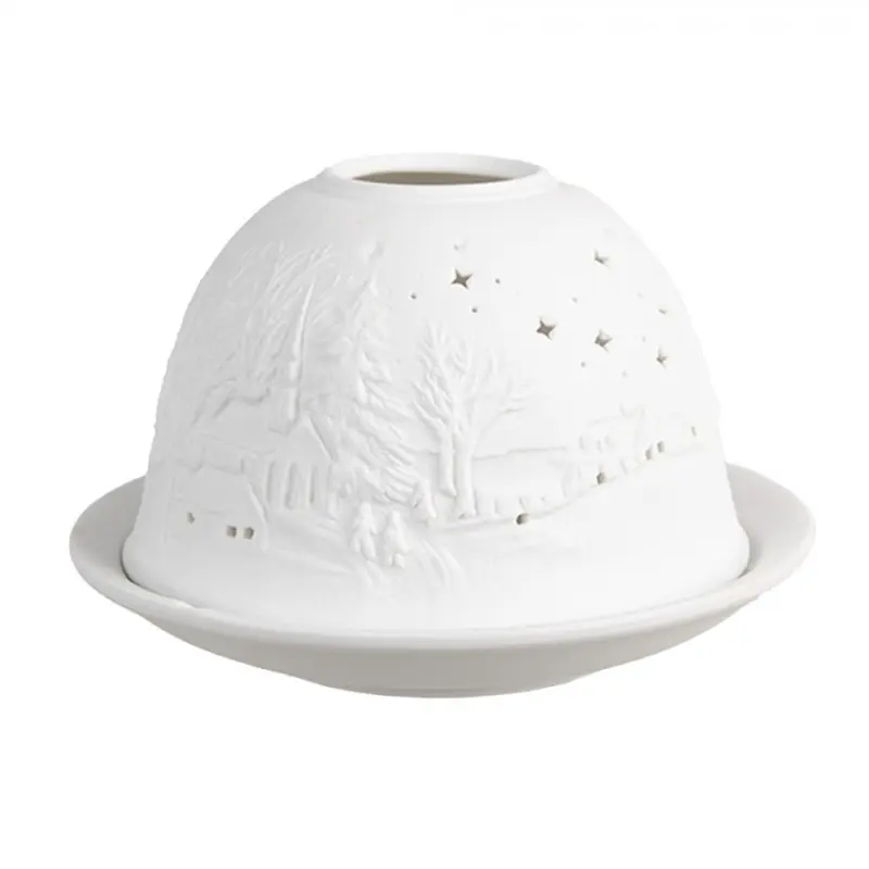 Bílý porcelánový svícen na čajovou svíčku vesnice pod hvězdami – 12x8 cm