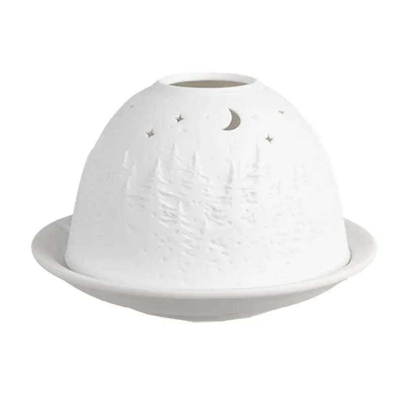 Bílý porcelánový svícen na čajovou svíčku les s noční oblohou – 12x8 cm