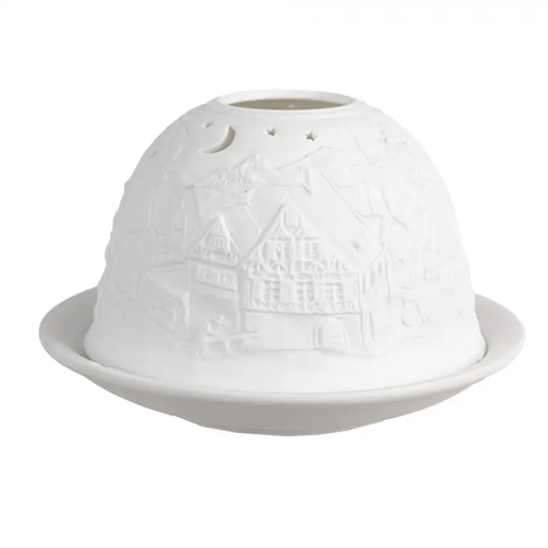 Bílý porcelánový svícen na čajovou svíčku vesnice s noční oblohou – 12x8 cm