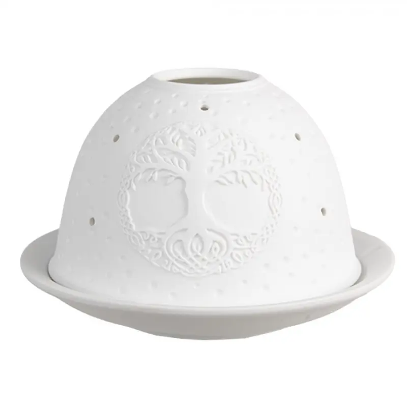 Bílý porcelánový svícen na čajovou svíčku strom života – 12x8 cm