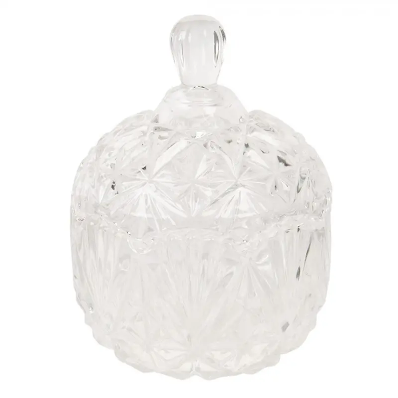 Transparentní skleněná nádoba na bonbony s víkem s broušeným povrchem a kulatým držátkem – 13x19 cm
