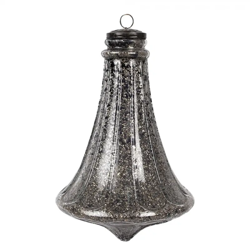 Černá skleněná vánoční cetka zvoneček s proužky a stříbrným zdobením Paulette M – 17x27 cm