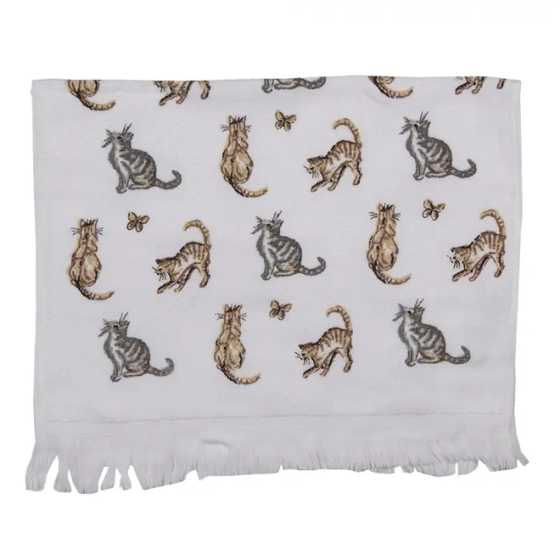 Bílý bavlněný ručník pro hosty s hnědými a šedými kočkami Kitty Cats – 40x66 cm