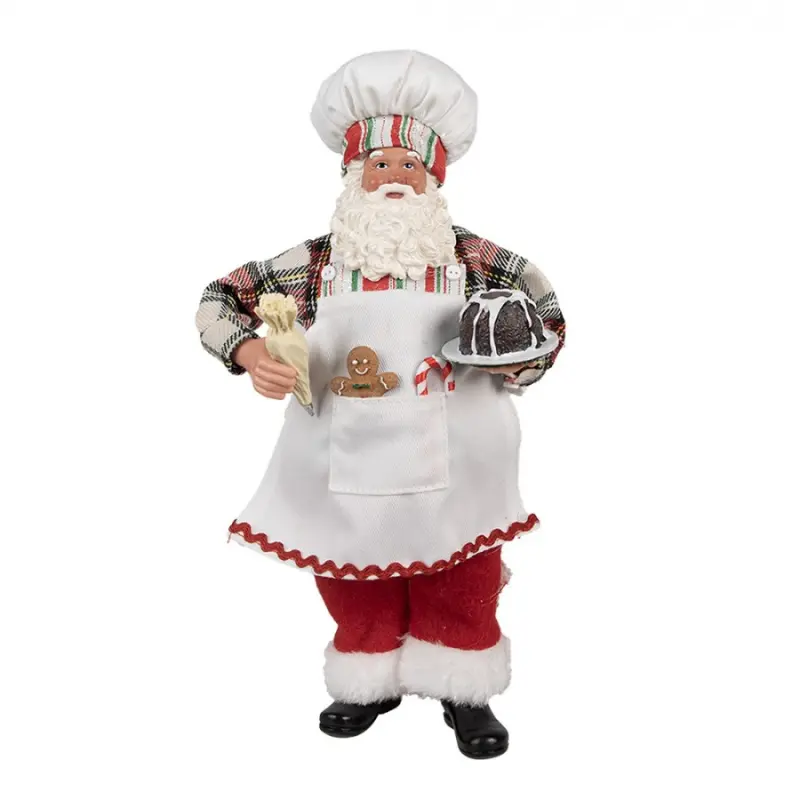 Bílá vánoční dekorace Santa Claus s perníčkem a lízátkem Candy Cane v kapse držící dort s polevou – 28 cm