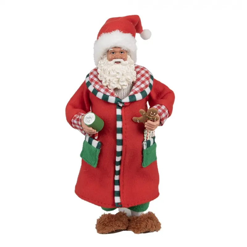 Červená vánoční dekorace Santa Claus s dlouhými vousy držící perníčka a hrnek s čokoládou – 28 cm