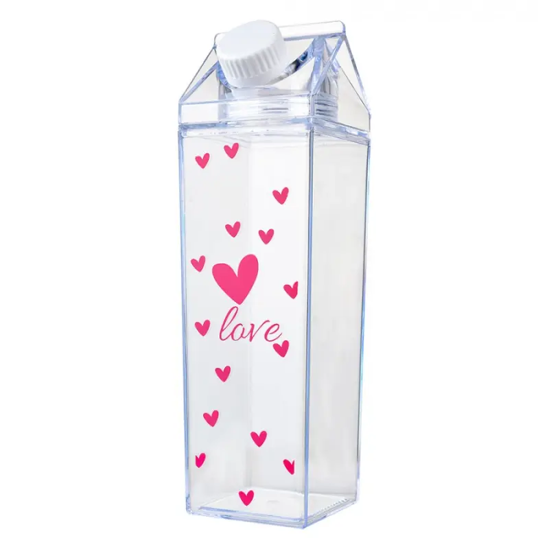Plastová průhledná láhev ve tvaru kartonového boxu se srdíčky a nápisem Love – 500 ml