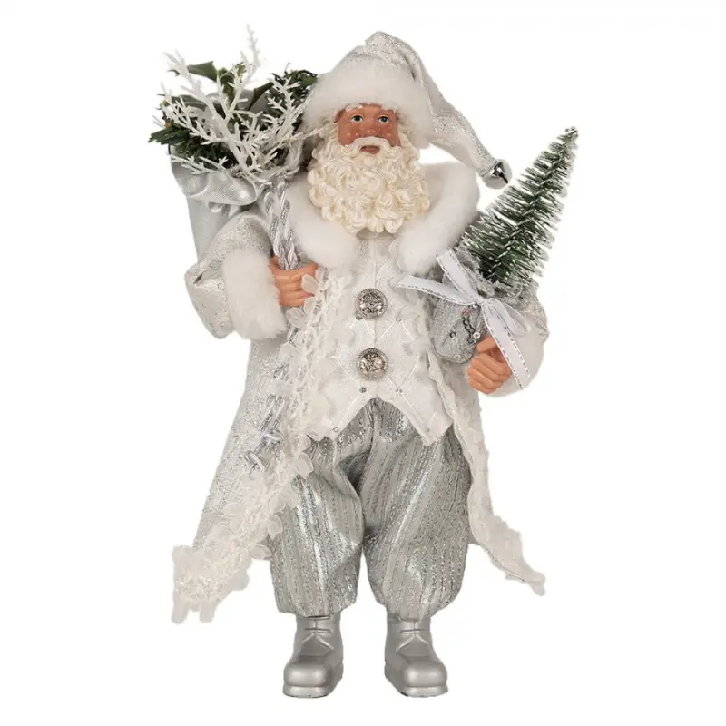 Vánoční postavička Santa Claus ve stříbrném kabátě se stromečkem – 27 cm