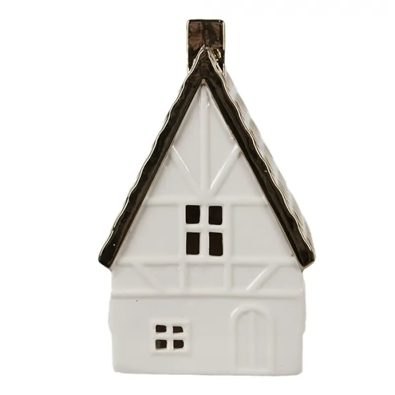 Bílý porcelánový dekorační domeček s černou střechou a komínem L – 16 cm