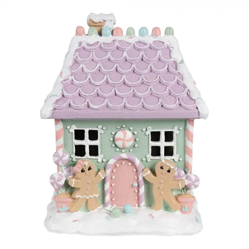 Vánoční dekorace perníkový domeček v pastelových barvách s panem Perníčkem a fialovou střechou Snoepwinkel – 17x14x21 cm
