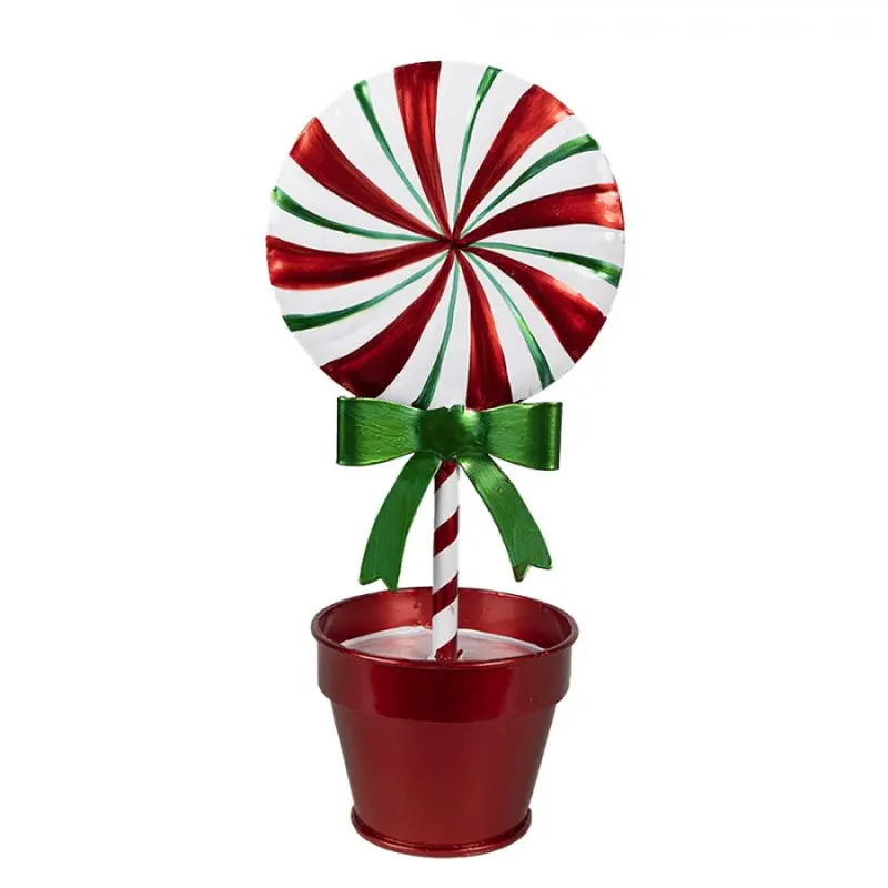 Kovová zeleno-červená vánoční dekorace lízátko Candy Cane v květináči – 12x9x26 cm