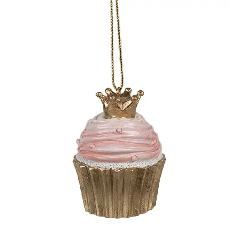 Růžová vánoční ozdoba zlatý dortík Cupcake s růžovou polevou a zlatou korunou – 4x6 cm
