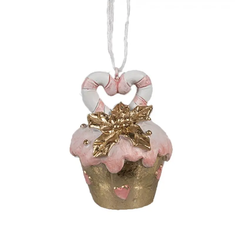 Růžová vánoční ozdoba zlatý dortík Cupcake s růžovou polevou – 5x6 cm