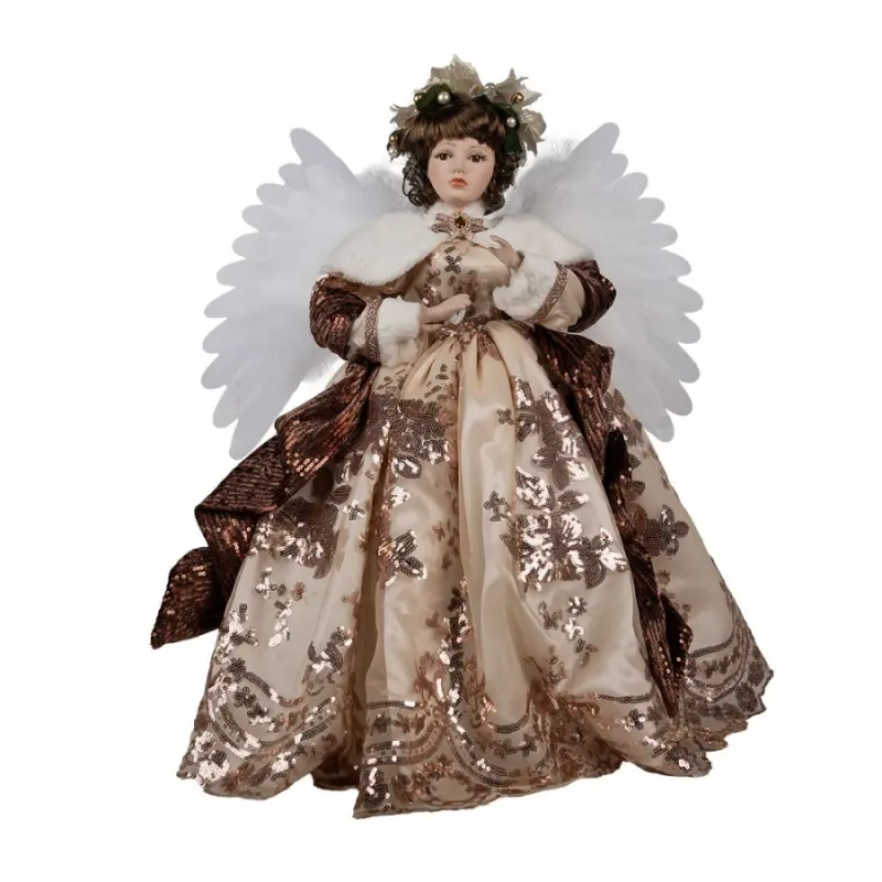 Vánoční dekorace plastový anděl v béžových šatech se třpitivými ornamenty – 65 cm