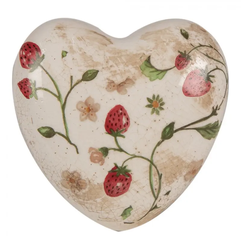 Béžová keramická dekorace srdce s lesními jahodami Wild Strawberries – 11x11x4 cm